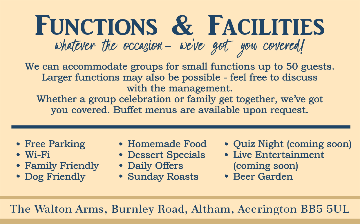 Functions & Facilities: We can accommodate small functions up to 50 guests - whatever the occasion, we've got you covered - buffet menus available upon request